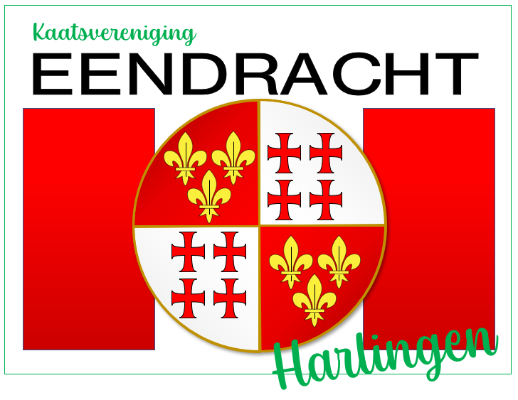 verticale balken van rood-wit-rood met daarboven kaatsvereniging Eendracht. In het midden het Harlinger wapen